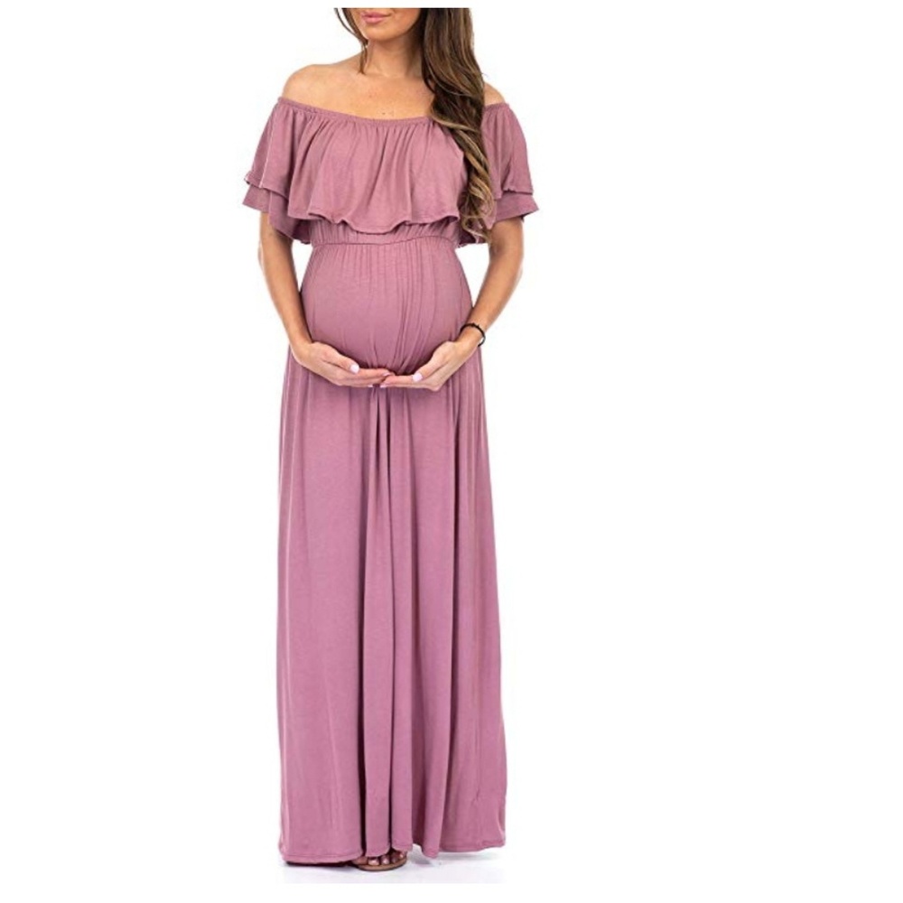 Open Shoulder Maternity Ruffle Dress